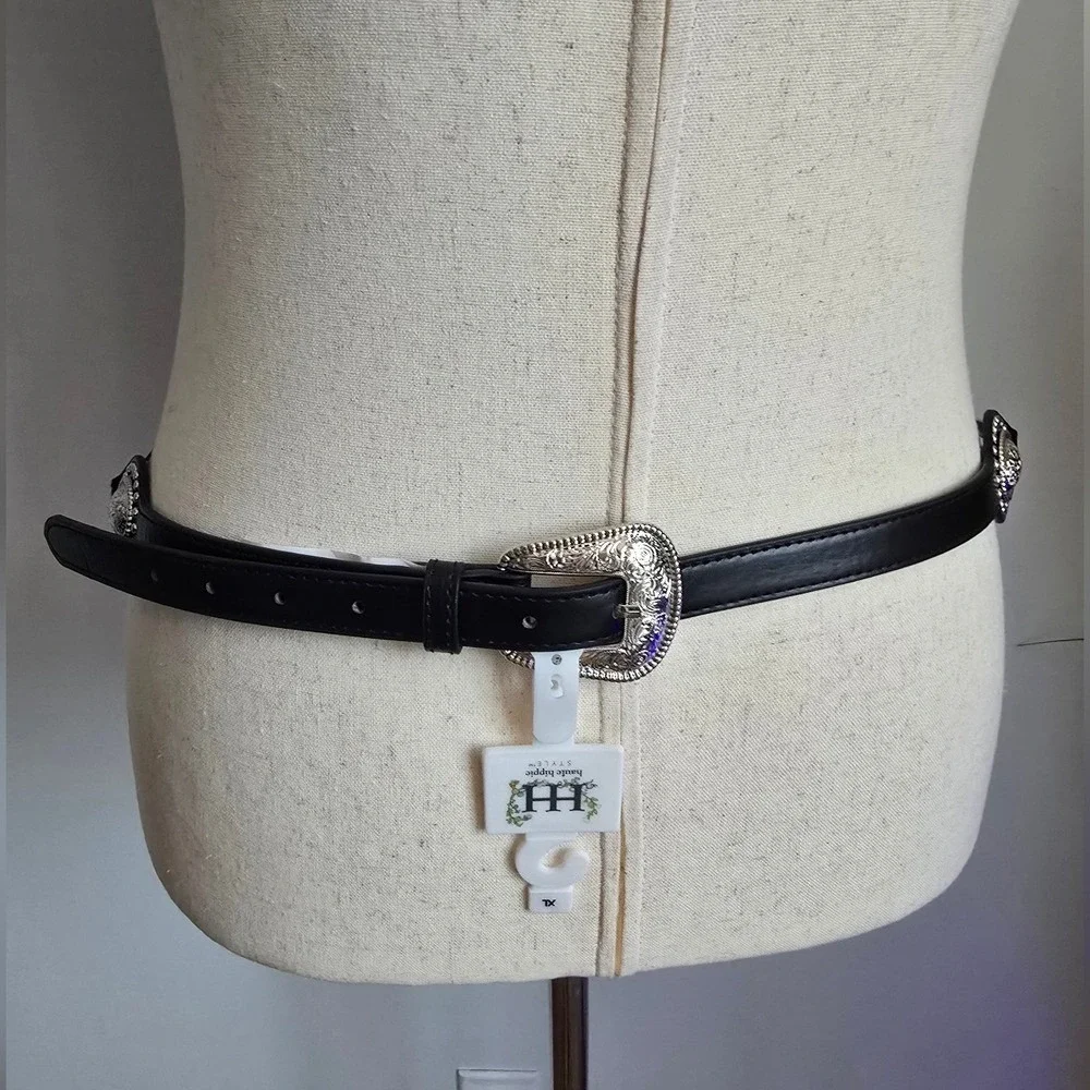 Haute Hippie New Black Silver Concho Vegan Leather Western Statement Belt XL